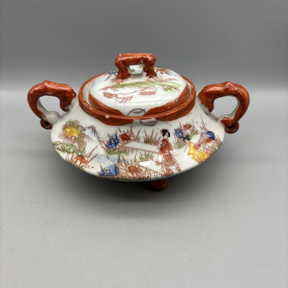 Vintage Geisha Girl Hand Painted Ceramic Container With Lid Japan